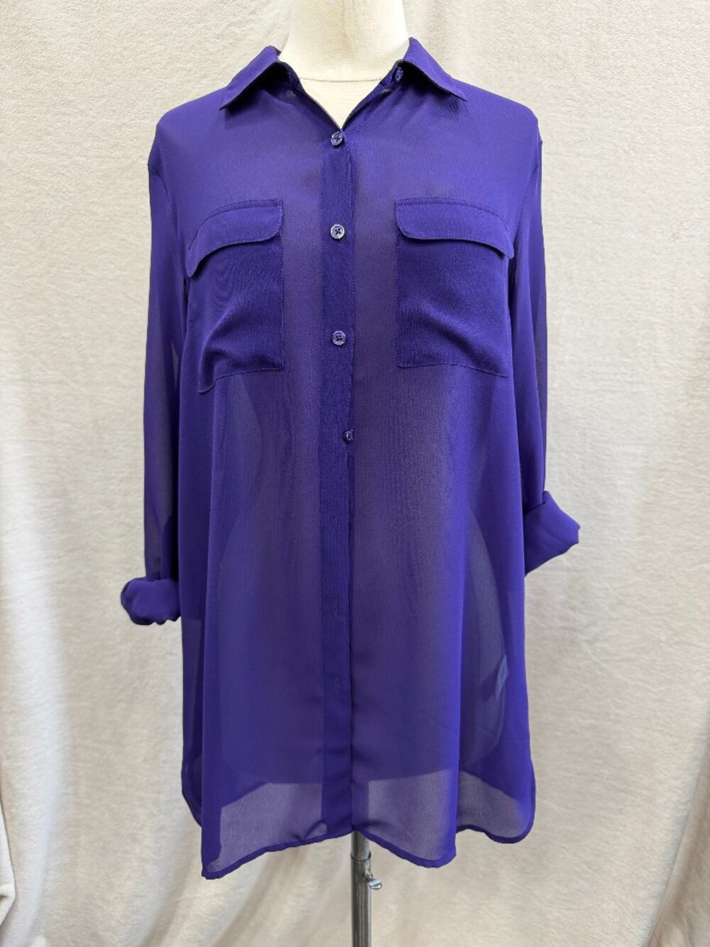 Coldwater Creek Sheer Button Down Blouse Purple Tunic Top Women’s Size S 8